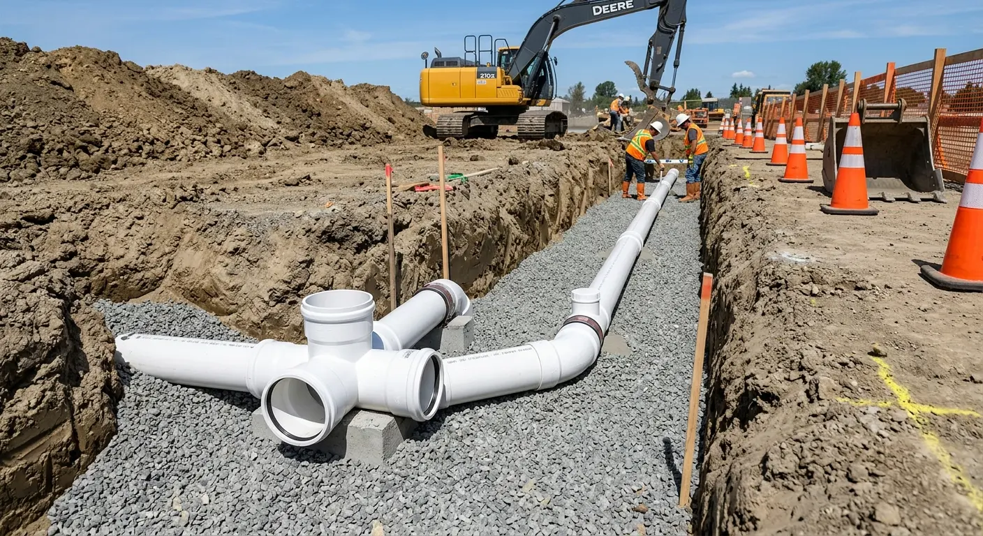 New PVC sewer pipe installation in open trench for Sewer Backup in Chantilly