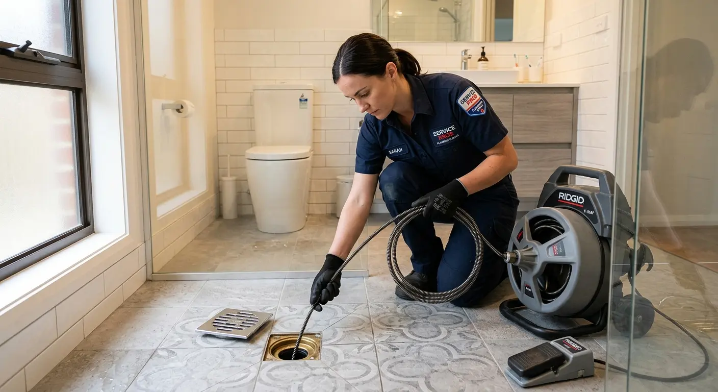 Technician clearing a bathroom floor drain for Drain Cleaning in Chantilly